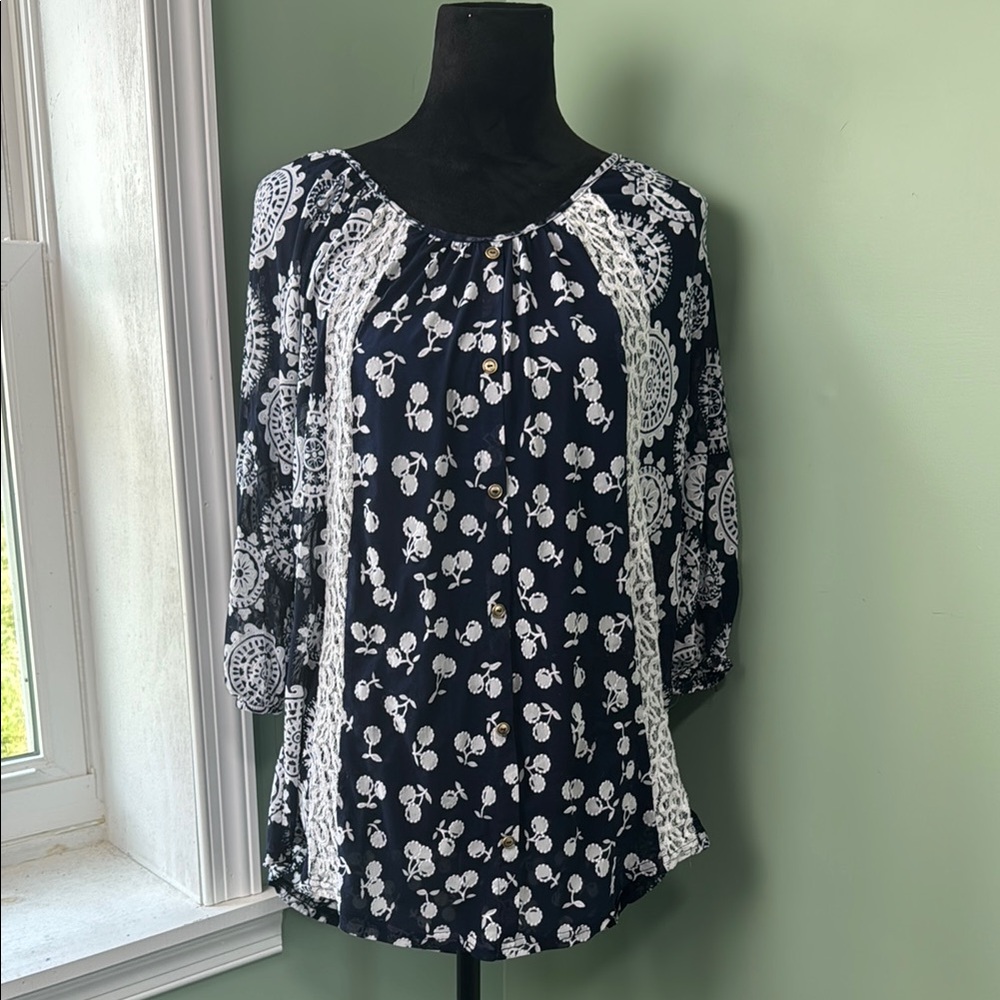 Siren Lily, blue and white peasant blouse 1X